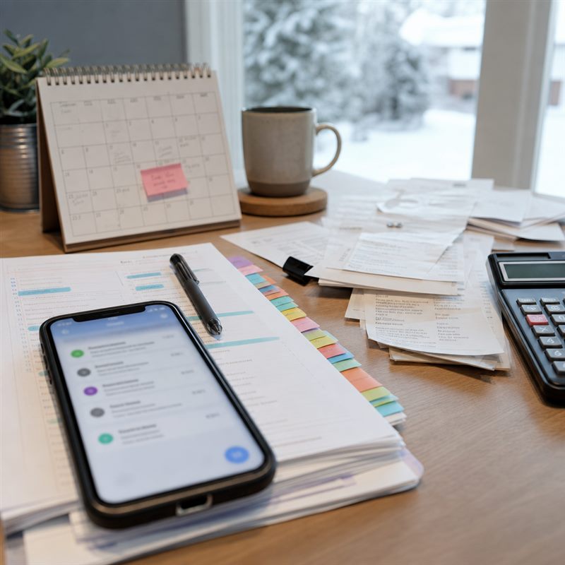 Household savings checklist workspace with receipts, calendar, phone reminders, and calculator